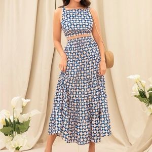 SHEIN VCAY Allover Print Tank Top & Ruffle Hem Skirt